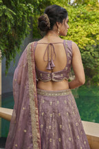 Mauve Embroidered Semi-Stitched Tissue Lehenga Set