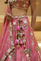 Fuchsia Pink Embroidered Semi-Stitched Tissue Lehenga Set