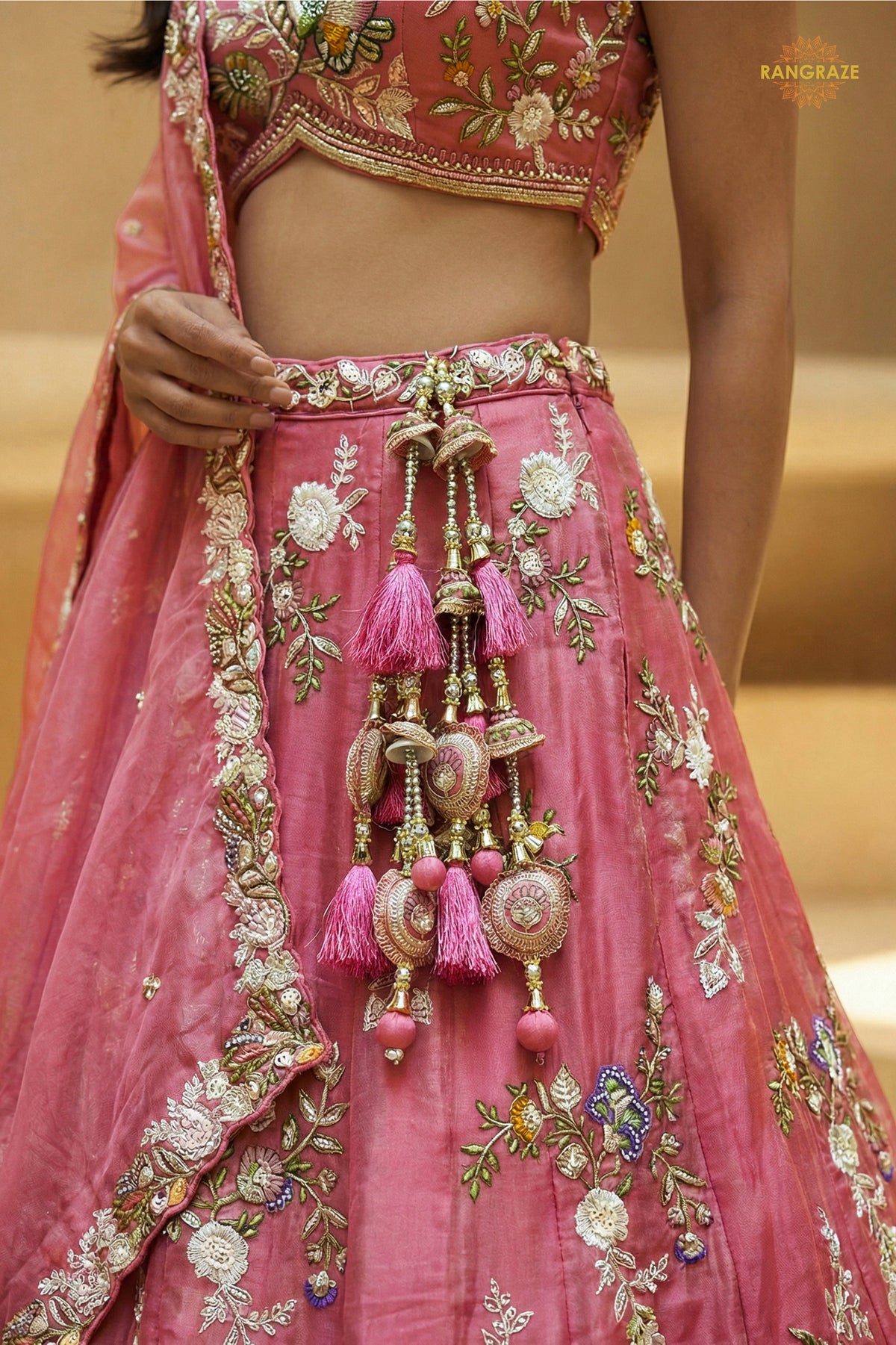 Fuchsia Pink Embroidered Semi-Stitched Tissue Lehenga Set