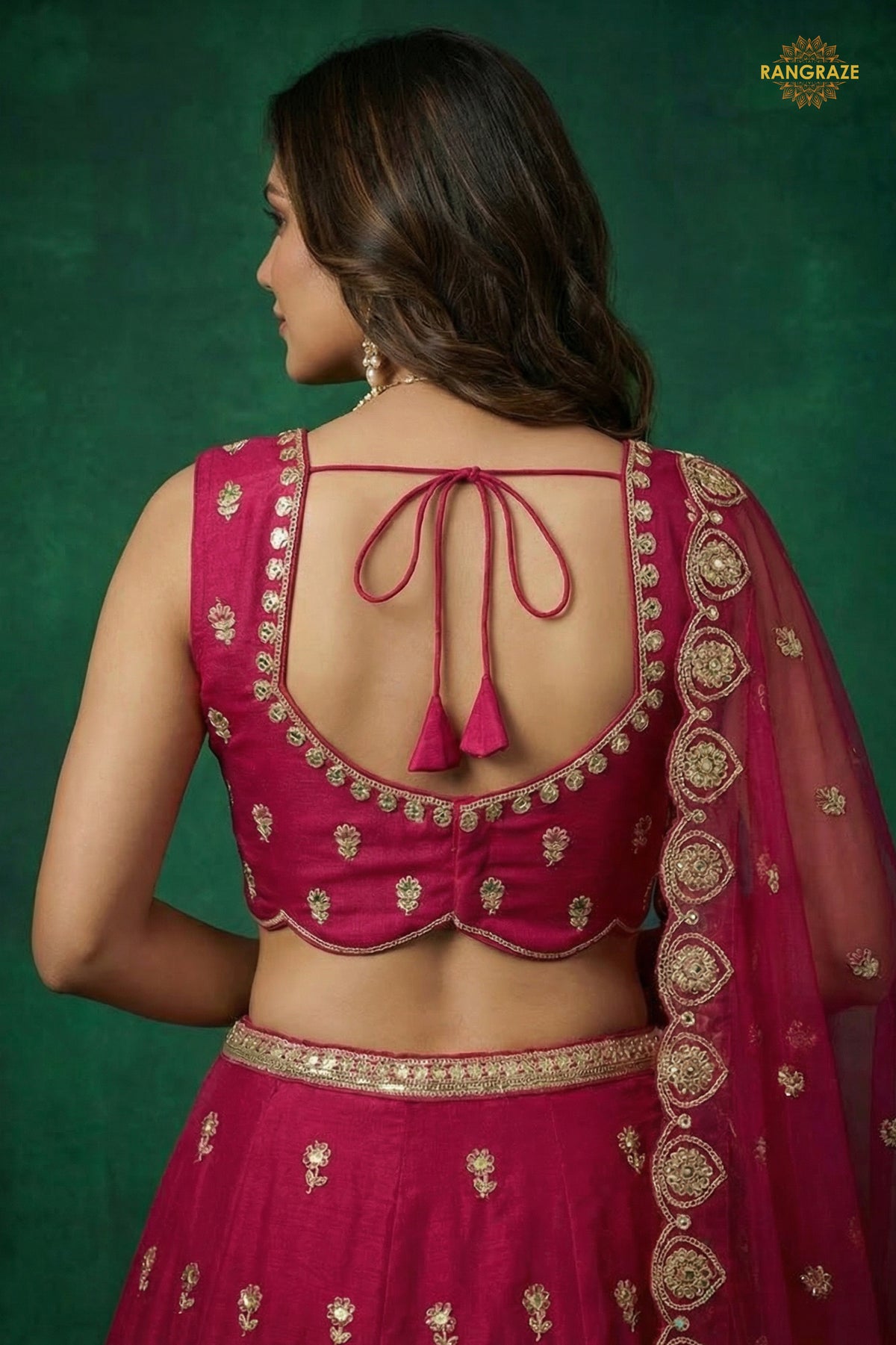 Pink Embroidered Semi-Stitched Chinnon Lehenga Set