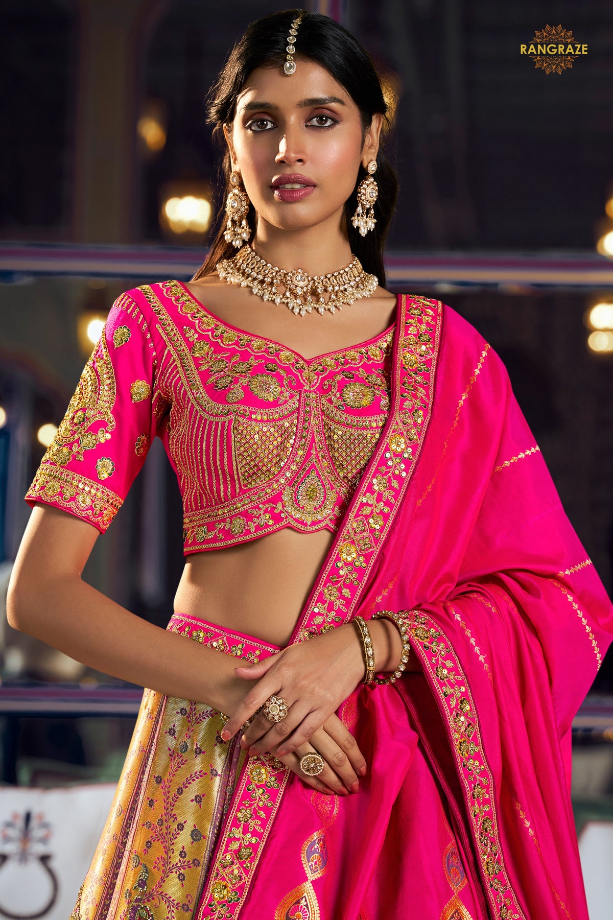 Multicolor Banarasi Silk Lehenga WIth Hand Purse