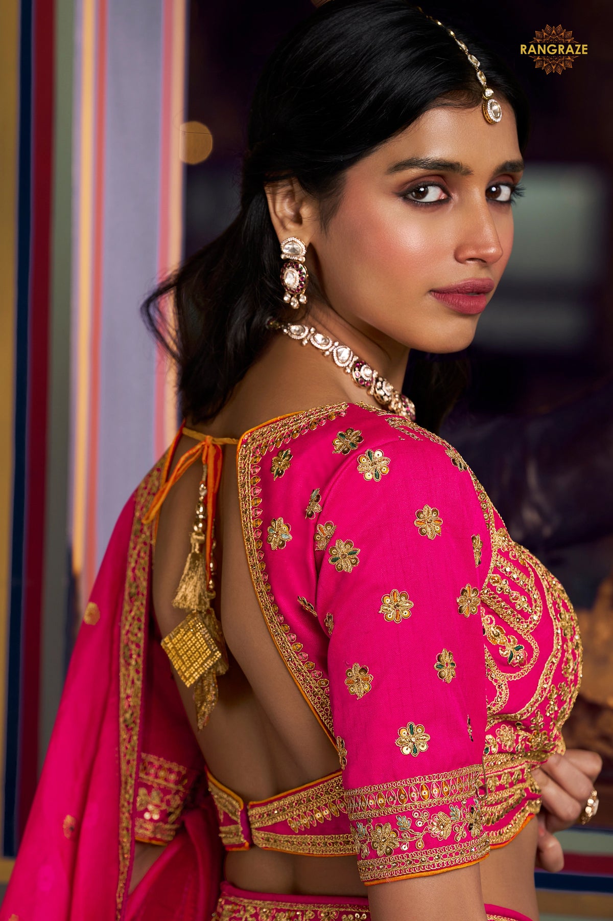 Pink And Yellow Banarasi Silk Lehenga WIth Hand Purse