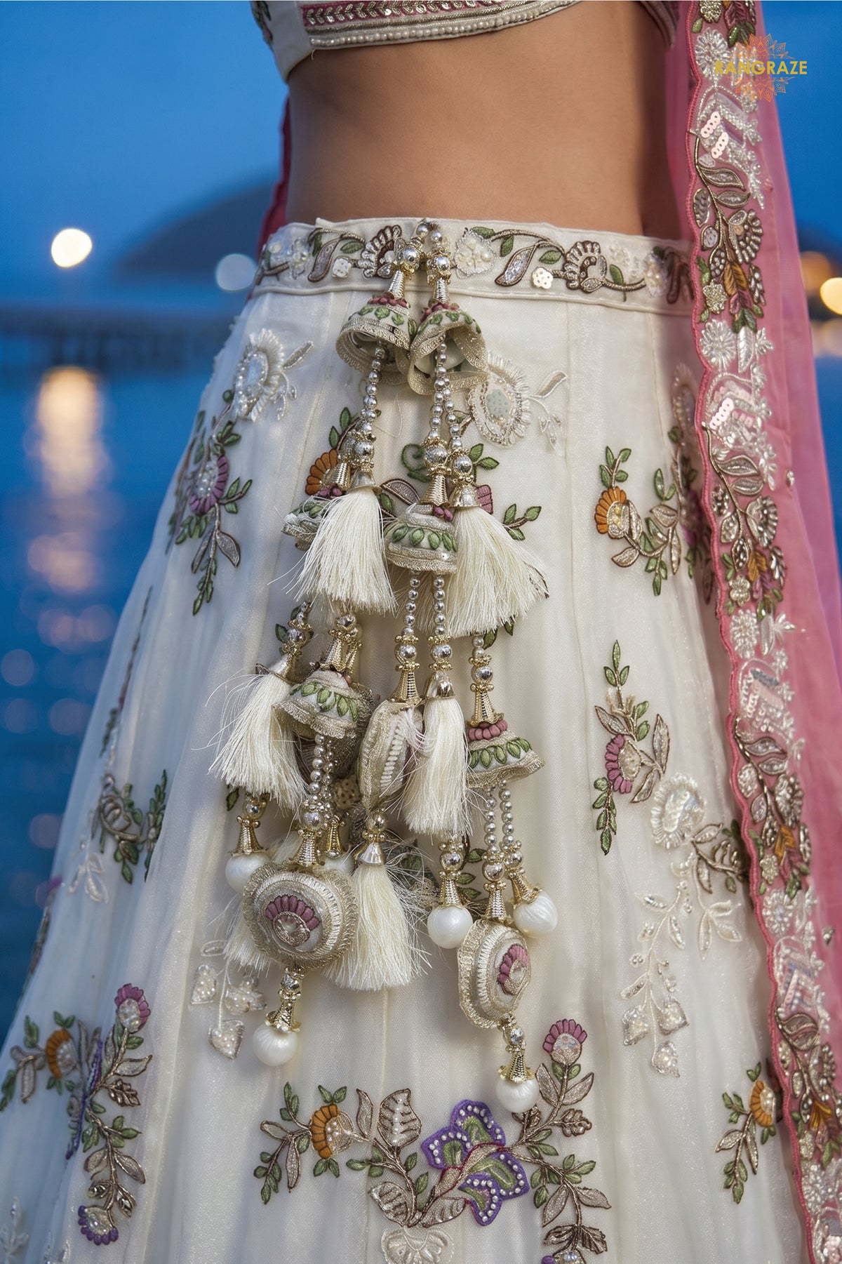 Cream Embroidered Semi-Stitched Tissue Lehenga Set