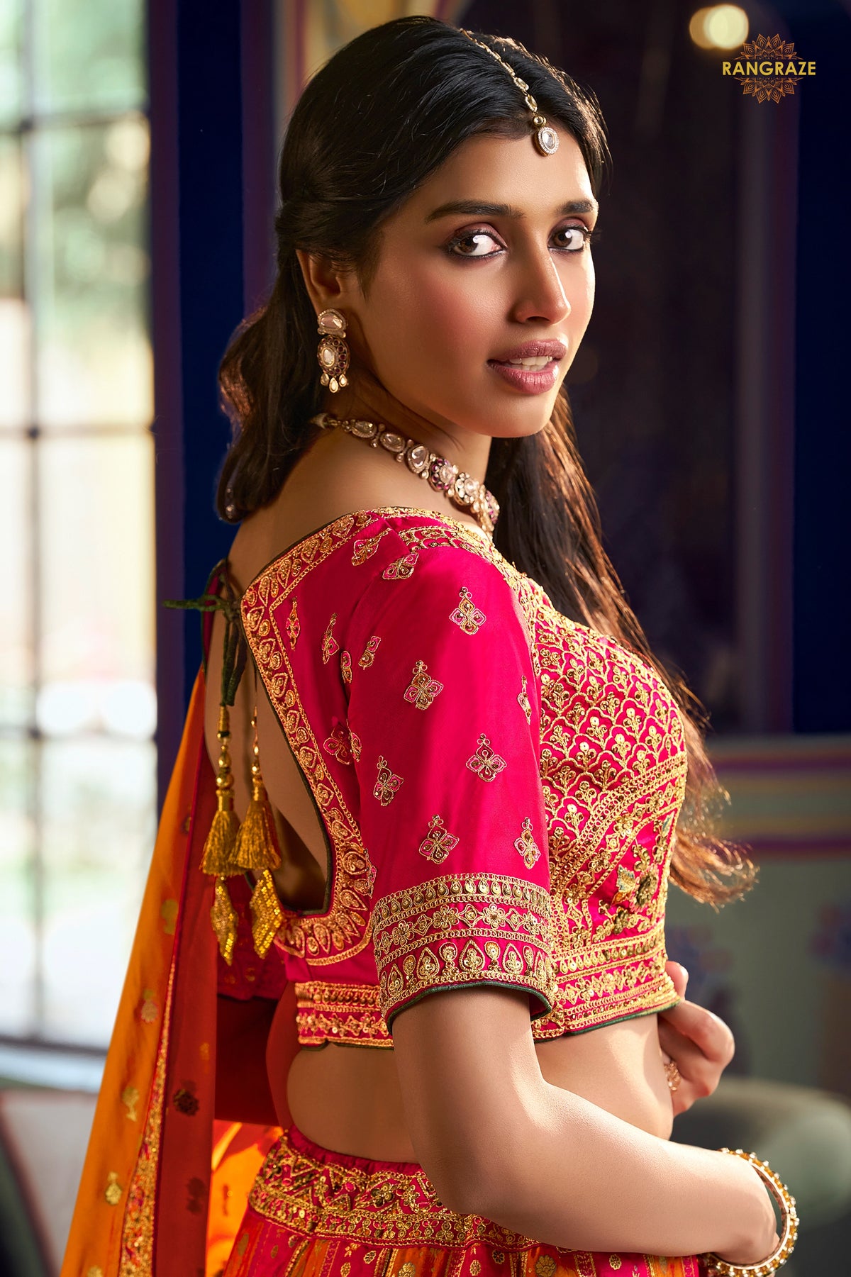 Pink And Green Banarasi Silk Lehenga WIth Hand Purse