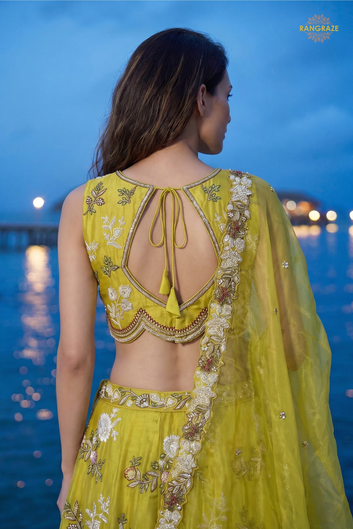 Lime Yellow Embroidered Semi-Stitched Tissue Lehenga Set