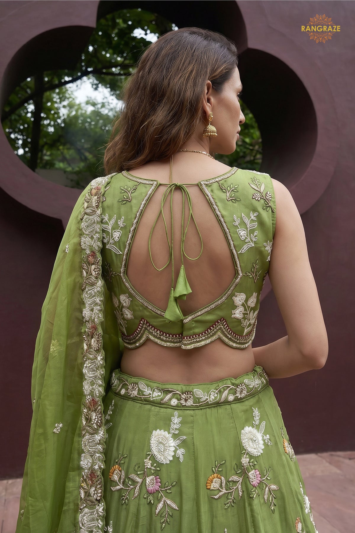 Olive Green Embroidered Semi-Stitched Tissue Lehenga Set