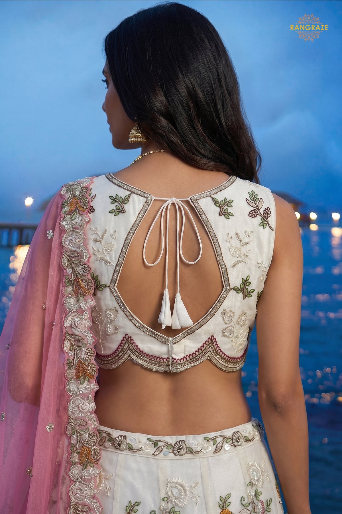 Cream Embroidered Semi-Stitched Tissue Lehenga Set