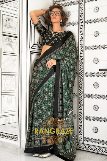 Bottle Green and Black Ajrakh Printed Satin Crepe Saree