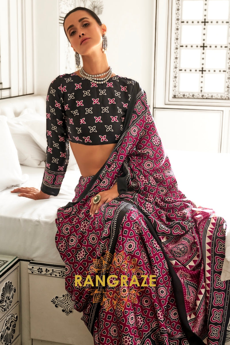 Burgendy and Black Ajrakh Printed Satin Crepe Saree