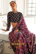 Burgendy and Black Ajrakh Printed Satin Crepe Saree