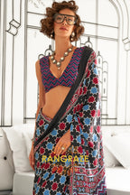 Black and Sky Blue Ajrakh Printed Satin Crepe Saree