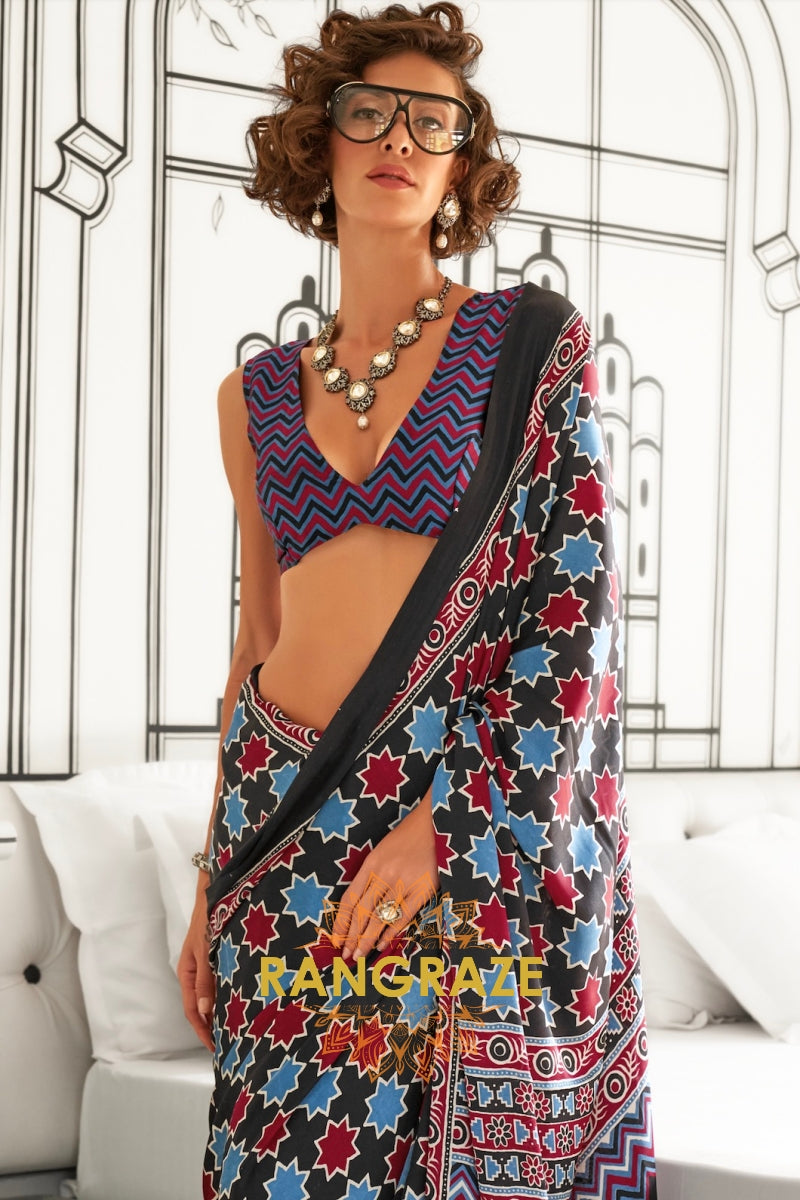 Black and Sky Blue Ajrakh Printed Satin Crepe Saree