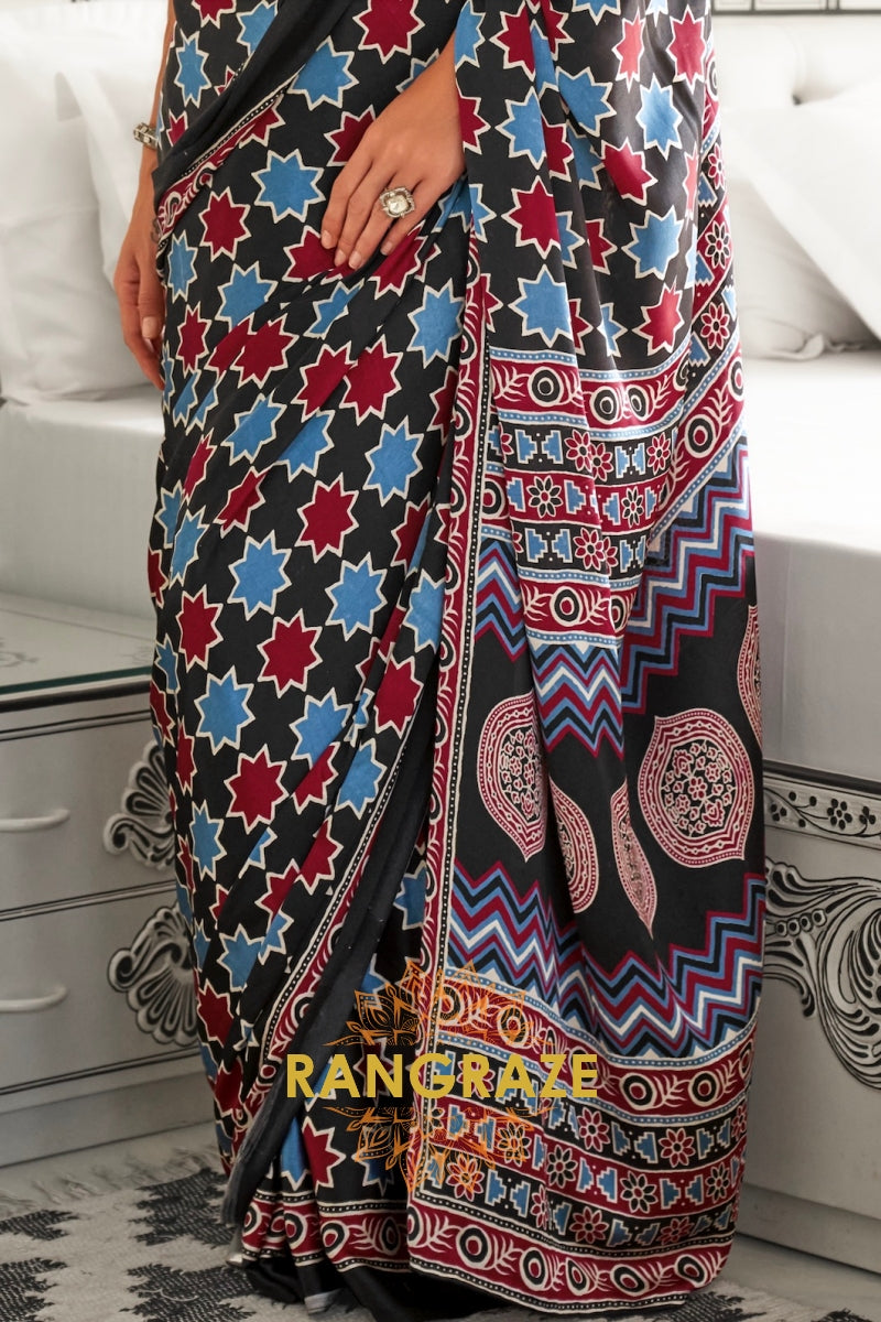Black and Sky Blue Ajrakh Printed Satin Crepe Saree