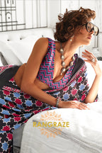 Black and Sky Blue Ajrakh Printed Satin Crepe Saree