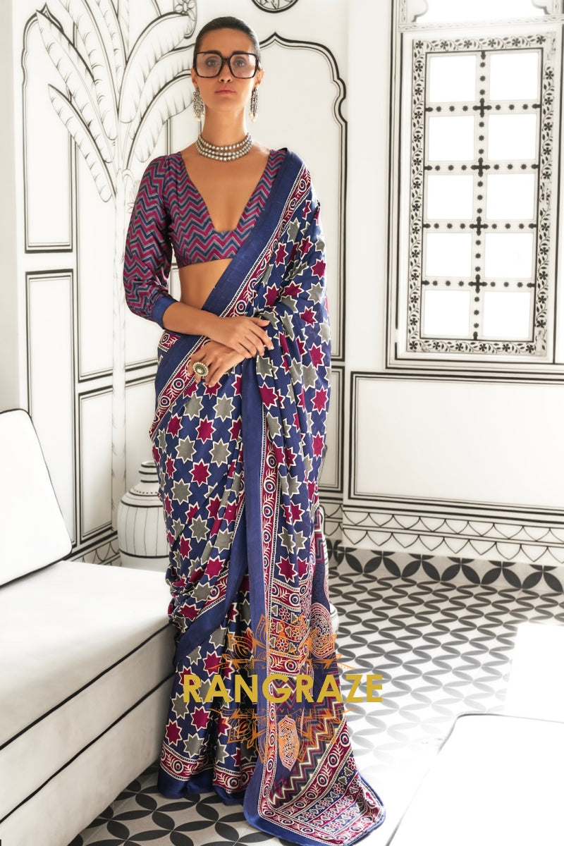 Black and Azure Blue Ajrakh Printed Satin Crepe Saree