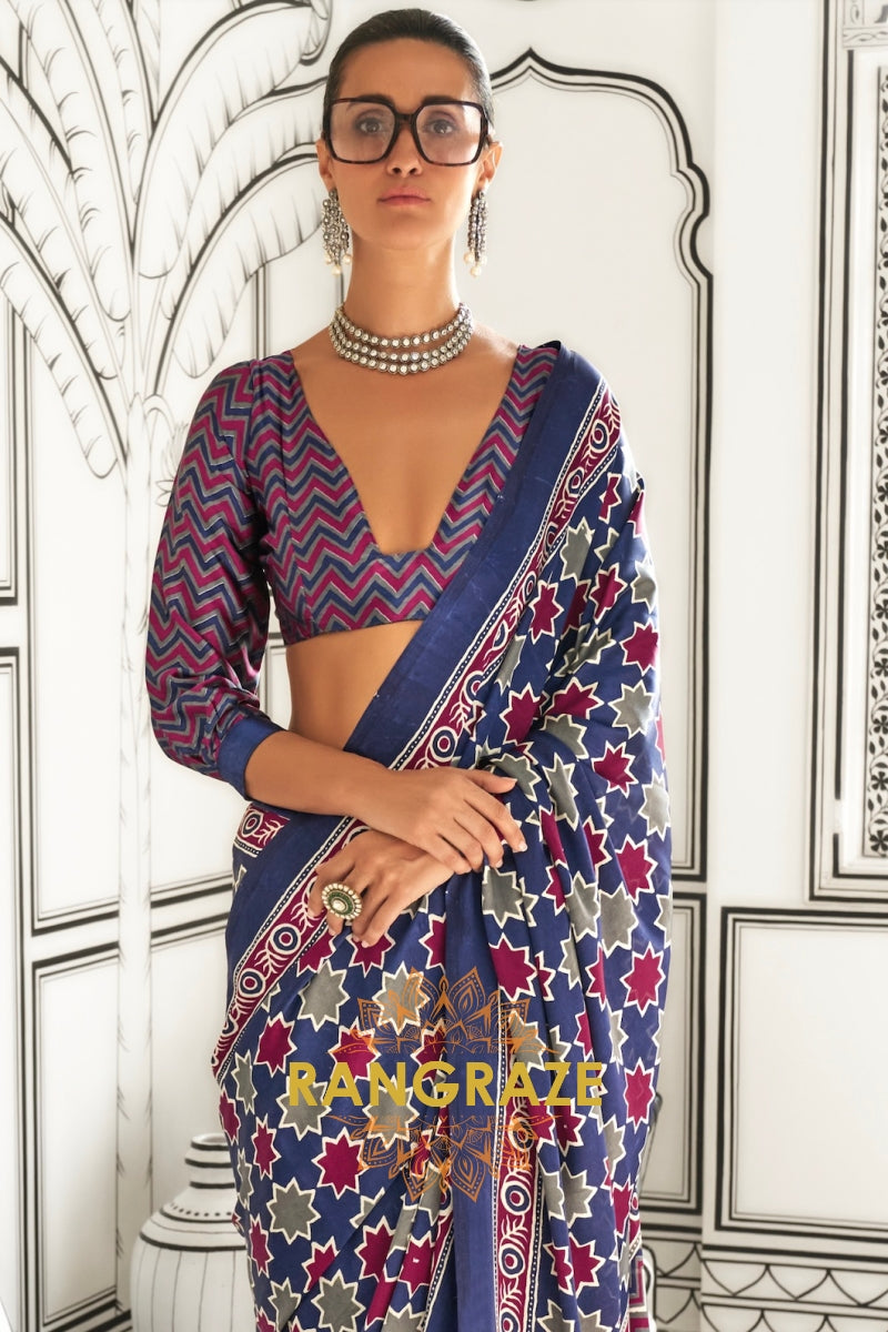 Black and Azure Blue Ajrakh Printed Satin Crepe Saree