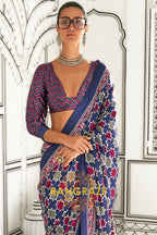 Black and Azure Blue Ajrakh Printed Satin Crepe Saree