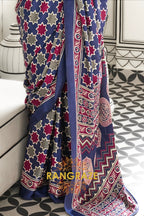 Black and Azure Blue Ajrakh Printed Satin Crepe Saree