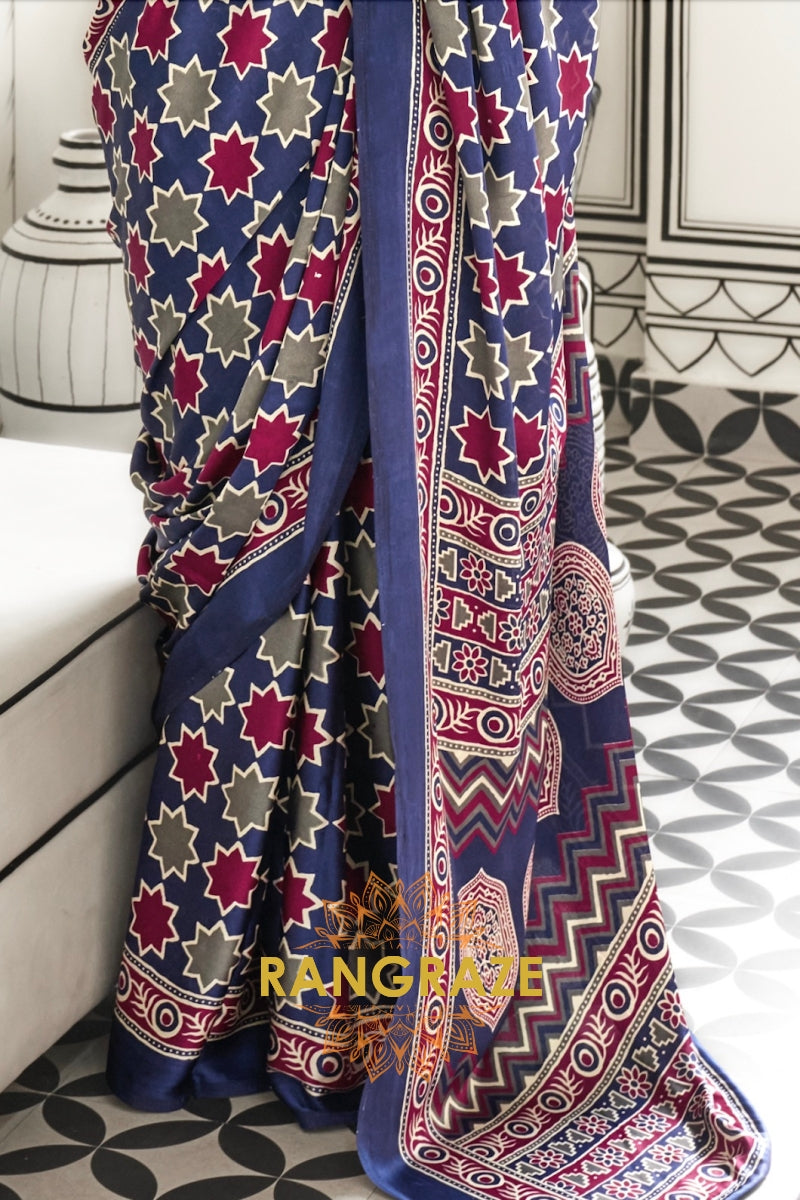 Black and Azure Blue Ajrakh Printed Satin Crepe Saree