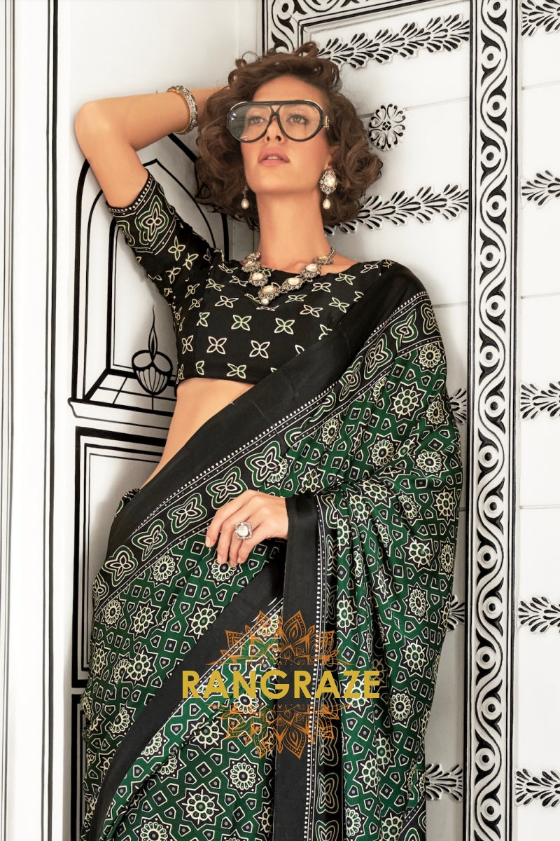 Bottle Green and Black Ajrakh Printed Satin Crepe Saree