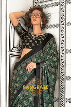Bottle Green and Black Ajrakh Printed Satin Crepe Saree