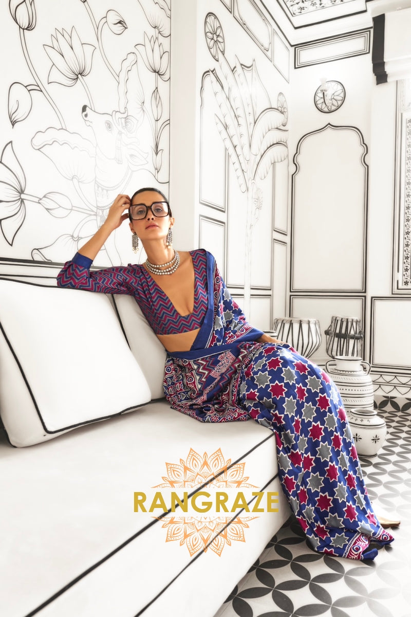 Black and Azure Blue Ajrakh Printed Satin Crepe Saree