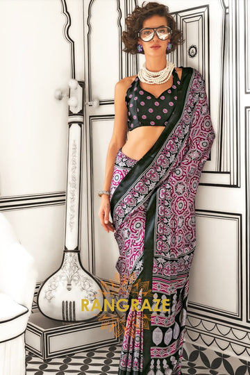 Wine and Black Printed Ajrakh Printed Satin Crepe Saree