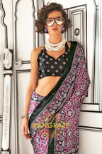 Wine and Black Printed Ajrakh Printed Satin Crepe Saree