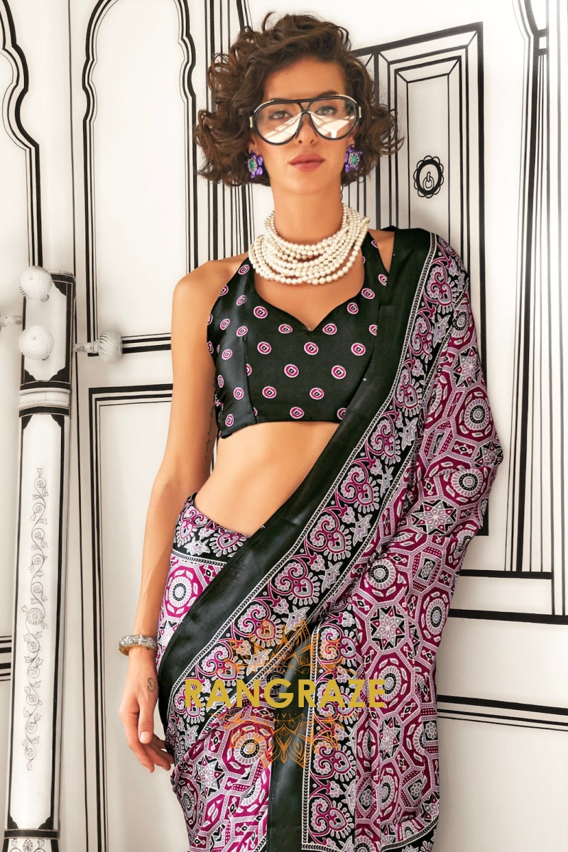Wine and Black Printed Ajrakh Printed Satin Crepe Saree