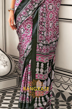 Wine and Black Printed Ajrakh Printed Satin Crepe Saree