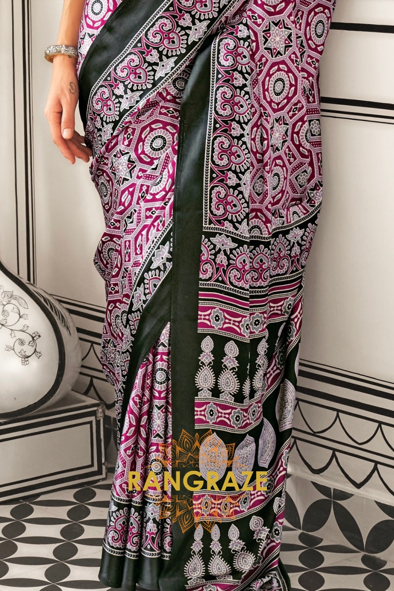 Wine and Black Printed Ajrakh Printed Satin Crepe Saree
