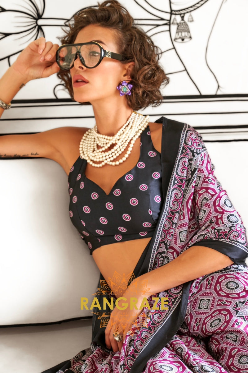 Wine and Black Printed Ajrakh Printed Satin Crepe Saree