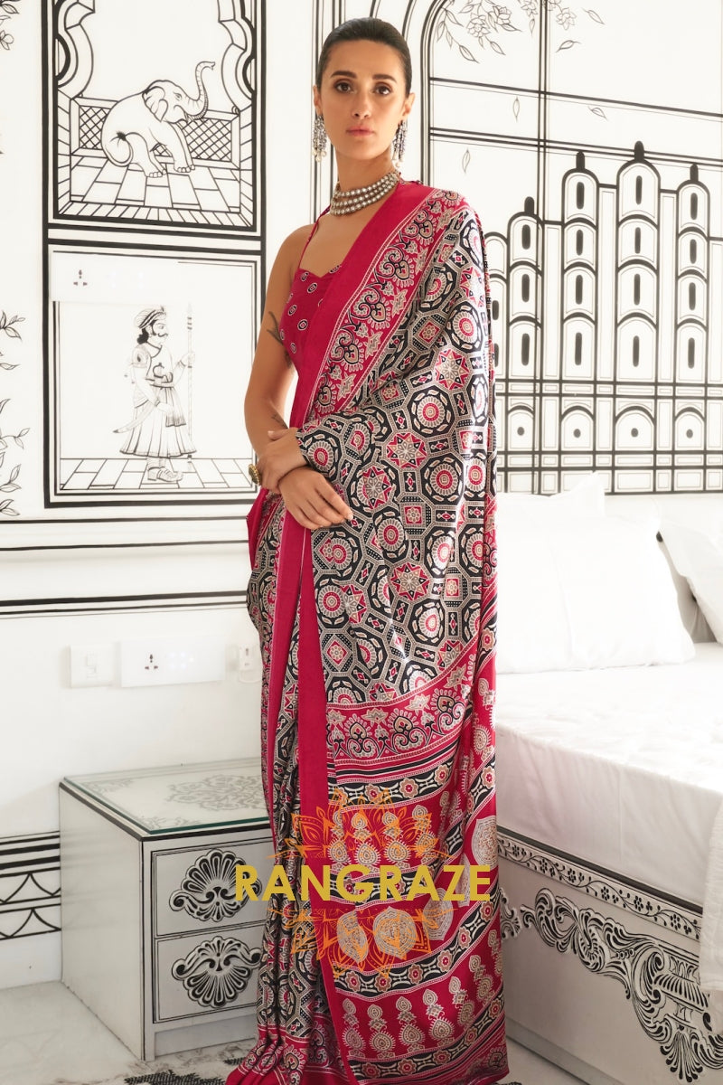 Black and Red Printed Ajrakh Printed Satin Crepe Saree