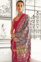 Black and Red Printed Ajrakh Printed Satin Crepe Saree