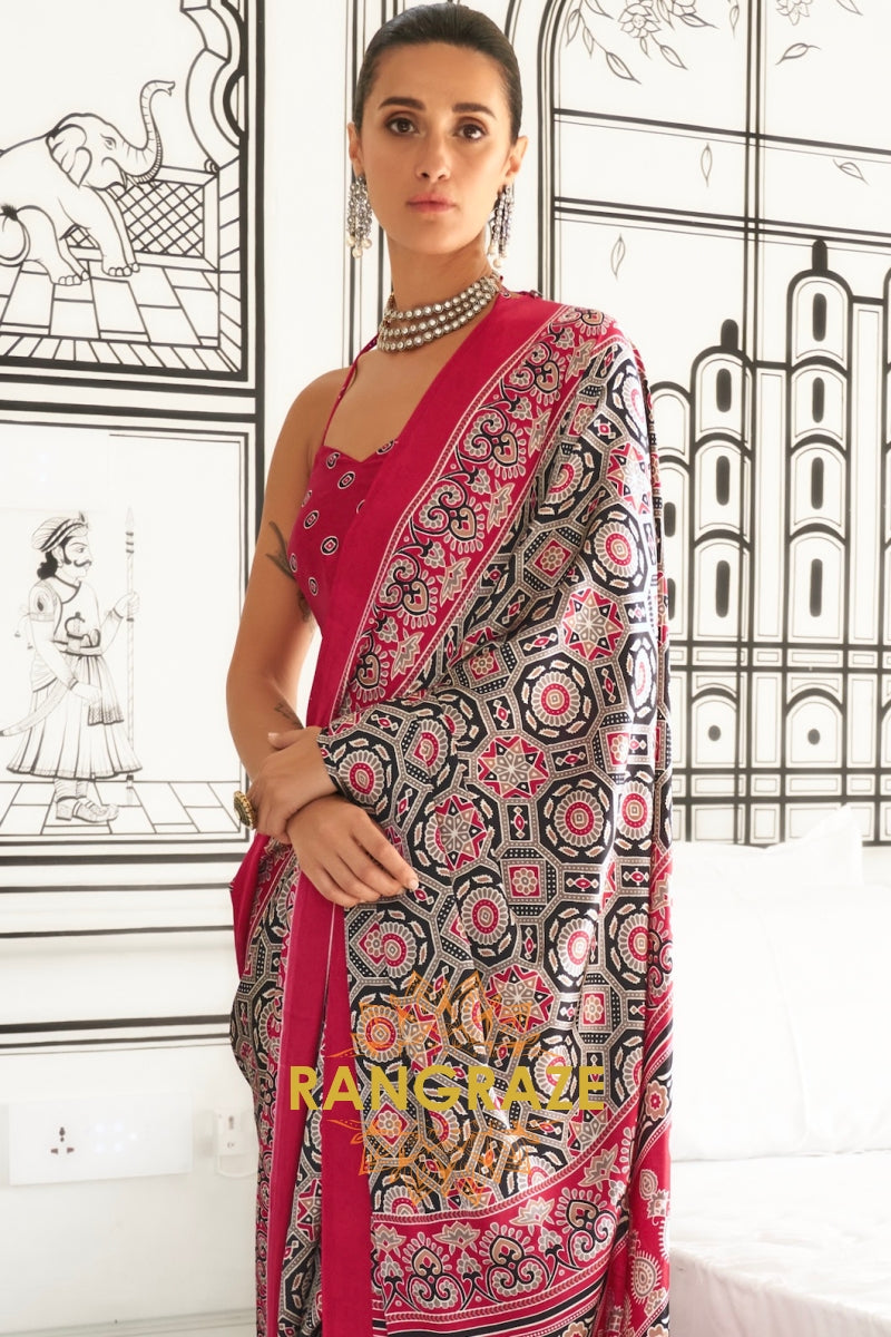 Black and Red Printed Ajrakh Printed Satin Crepe Saree
