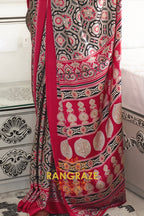 Black and Red Printed Ajrakh Printed Satin Crepe Saree