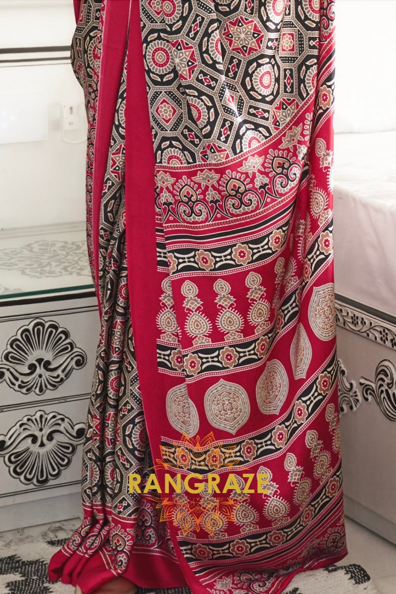 Black and Red Printed Ajrakh Printed Satin Crepe Saree