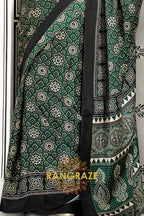 Bottle Green and Black Ajrakh Printed Satin Crepe Saree