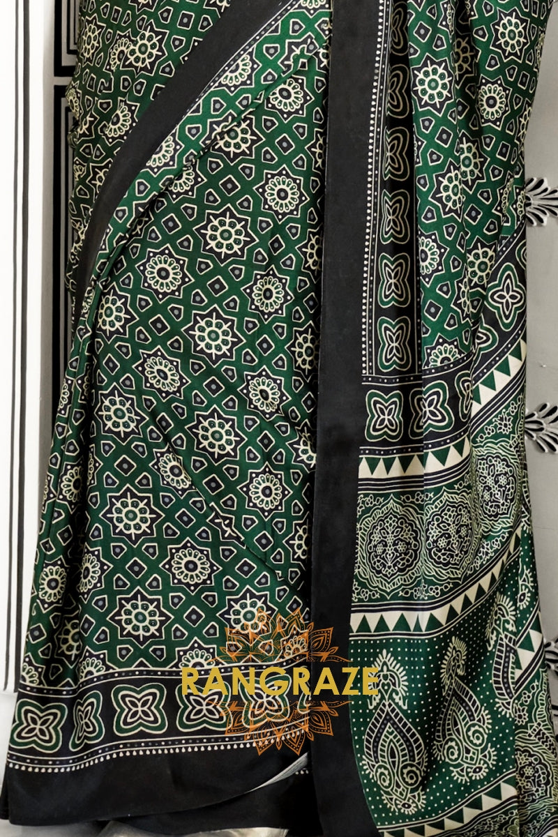 Bottle Green and Black Ajrakh Printed Satin Crepe Saree