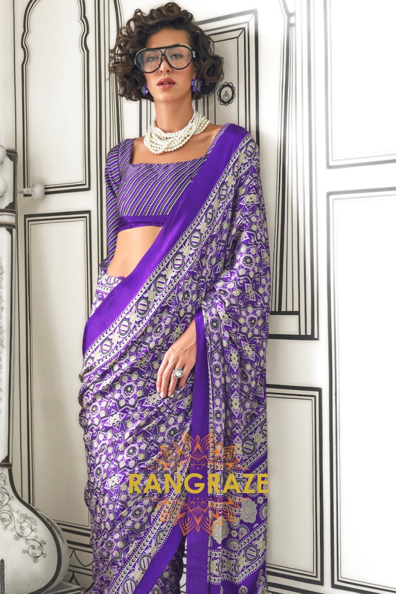 Purple and Black Ajrakh Printed Satin Crepe Saree