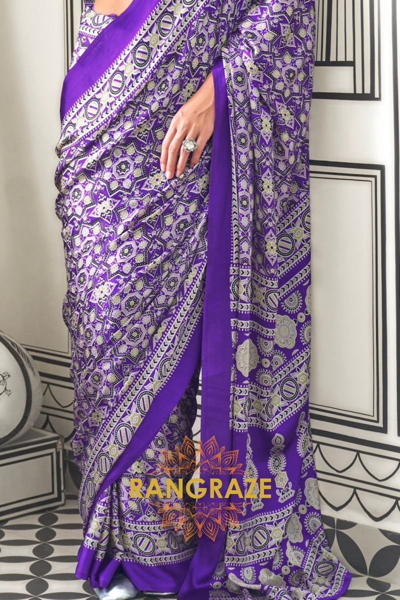 Purple and Black Ajrakh Printed Satin Crepe Saree