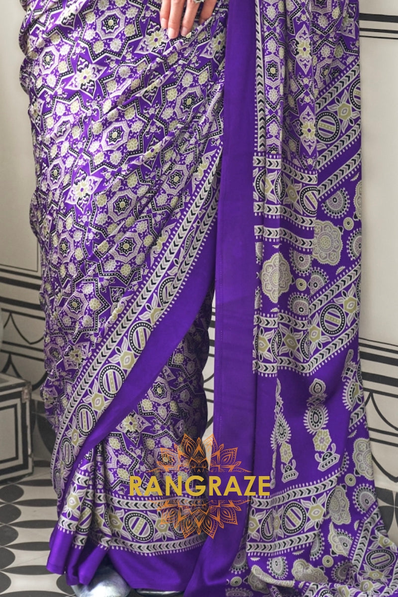 Purple and Black Ajrakh Printed Satin Crepe Saree