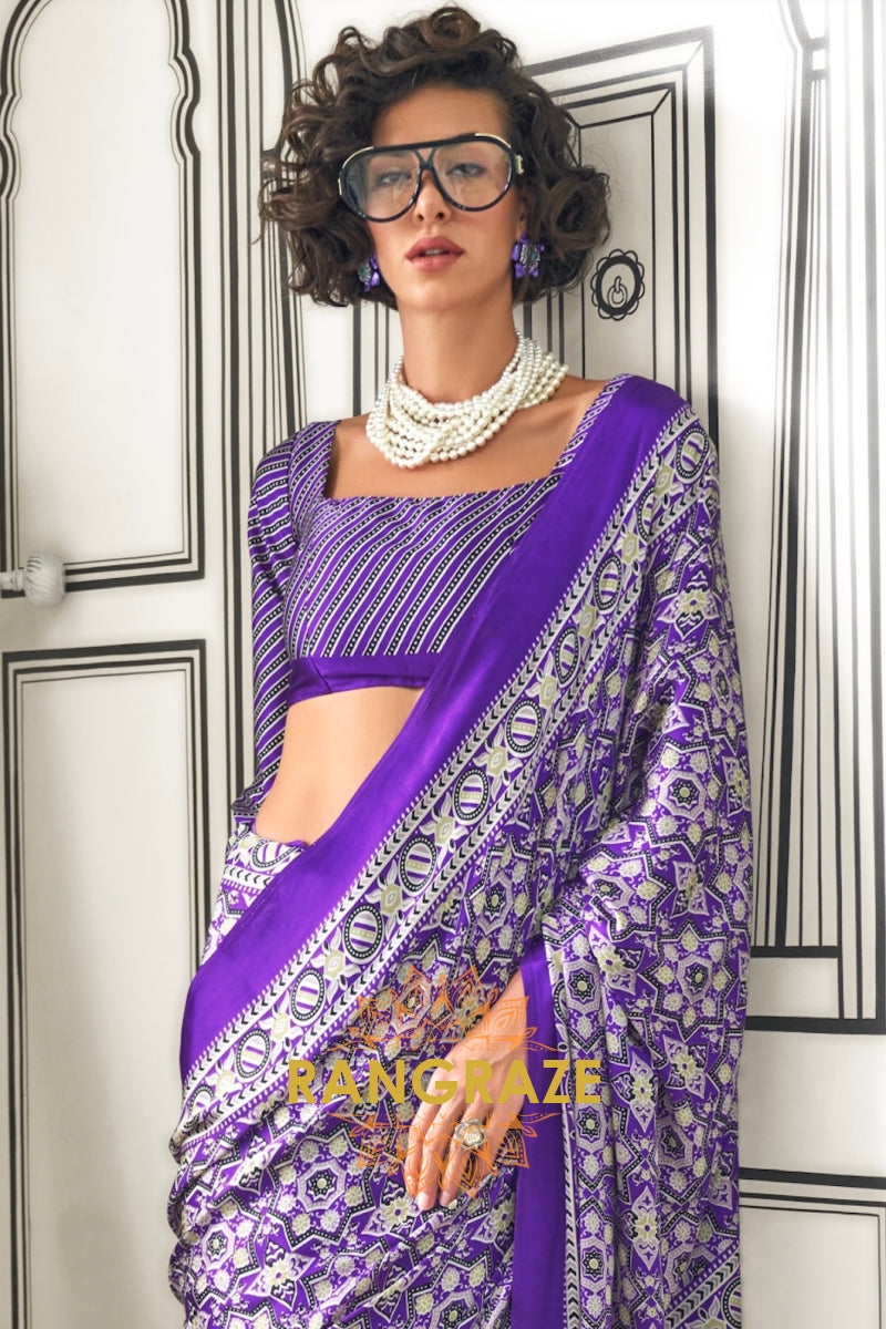 Purple and Black Ajrakh Printed Satin Crepe Saree