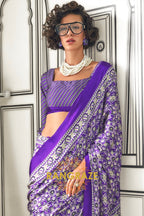 Purple and Black Ajrakh Printed Satin Crepe Saree