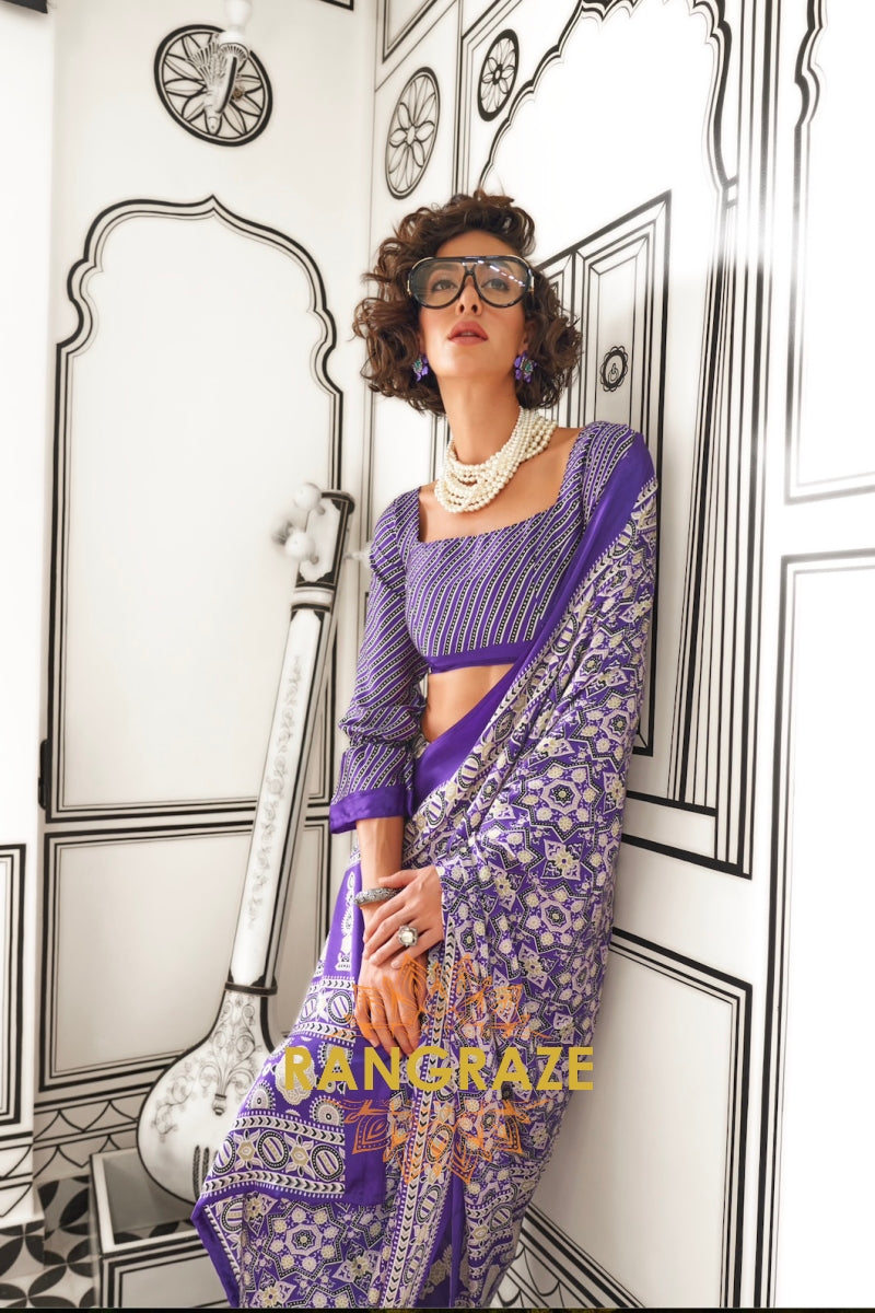 Purple and Black Ajrakh Printed Satin Crepe Saree