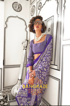Purple and Black Ajrakh Printed Satin Crepe Saree
