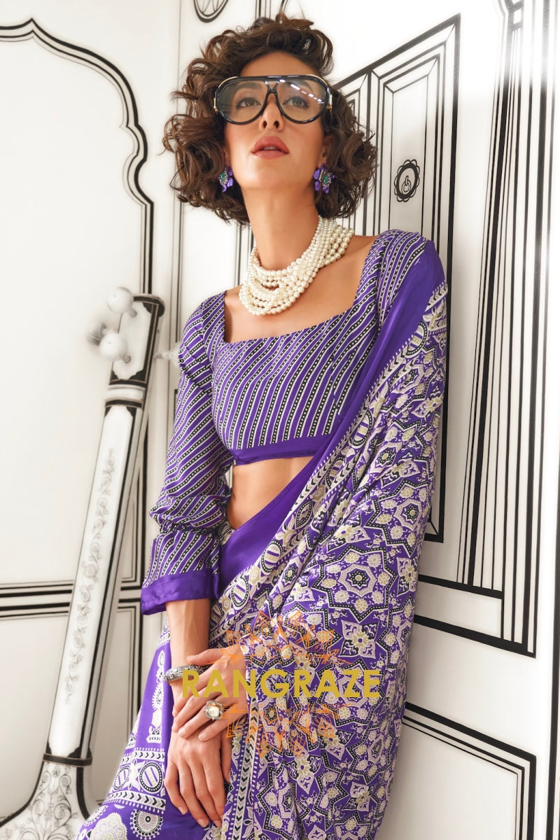 Purple and Black Ajrakh Printed Satin Crepe Saree