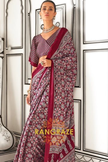 Maroon and Black Ajrakh Printed Satin Crepe Saree