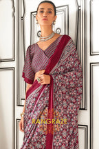 Maroon and Black Ajrakh Printed Satin Crepe Saree