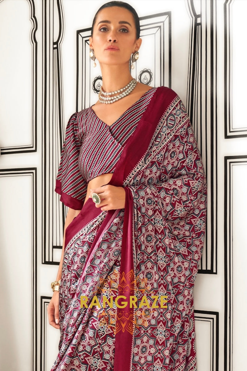 Maroon and Black Ajrakh Printed Satin Crepe Saree